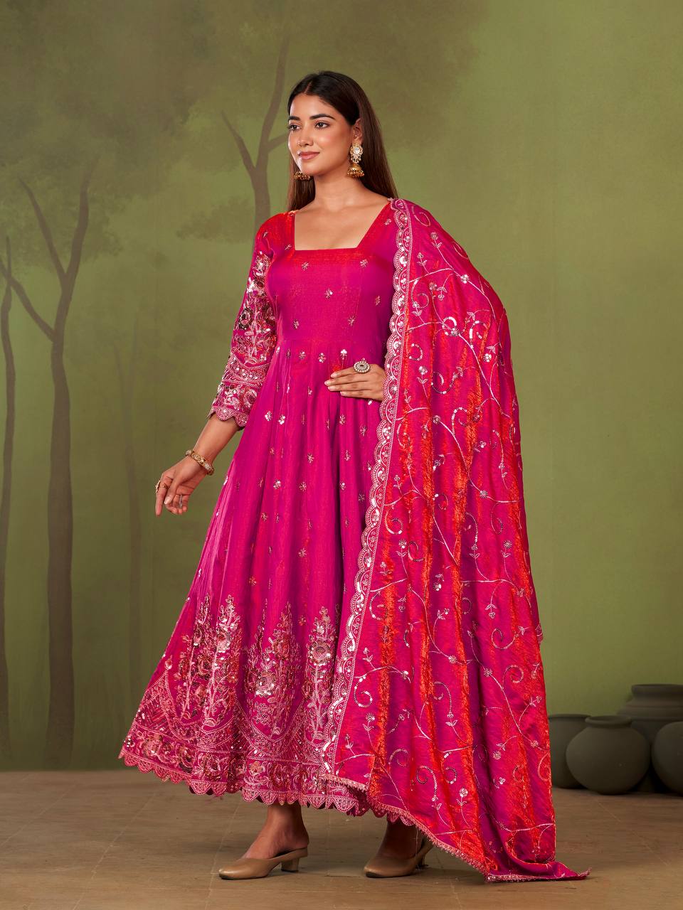 RangBhoomi Designer Party Wear Gown Set — 10 Colors, Heavy Jelly Shimmer Silk, Fully Stitched Embroidered Gown with Dupatta & Micro-Cotton Pant
