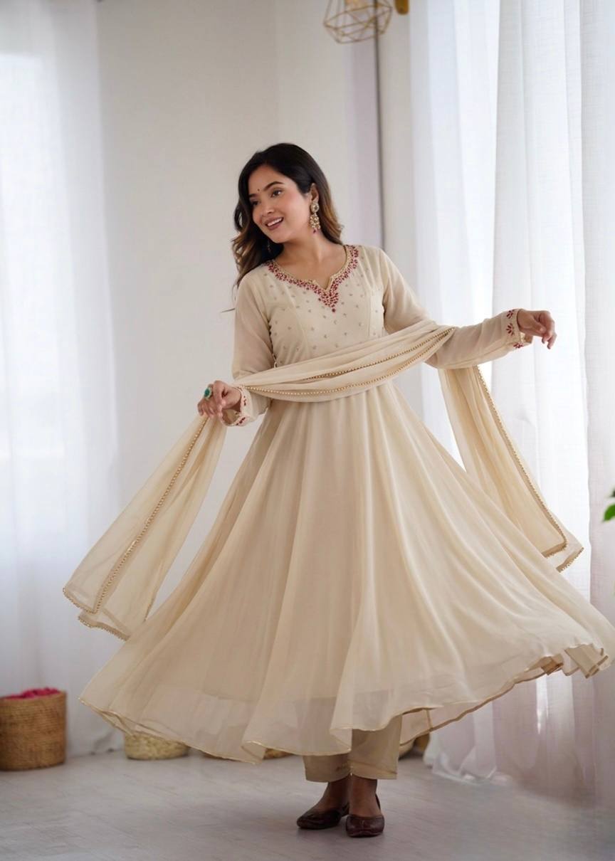 Elegant Fox Georgette Party Wear Gown with Dupatta and Crepe Pants by RangBhoomi