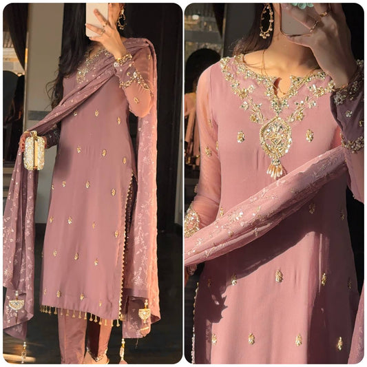Embroidered Sequined Faux Georgette Top, Bottom, and Dupatta Set – Fully Stitched and Ready to Wear