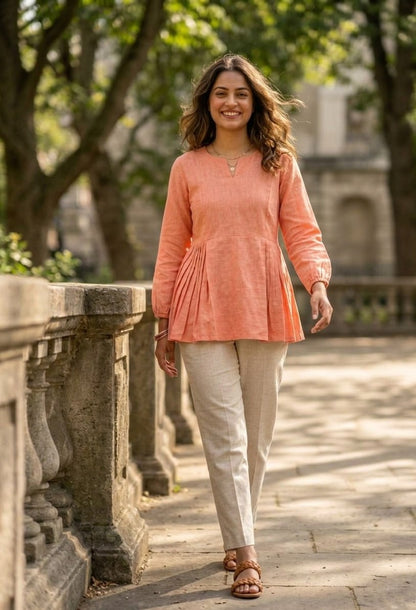 RangBhoomi Elegant Linen Cotton Top and Pant Set – Full-Sleeve Frill Stitch Top with Elastic Waist Pants in Parrot, Peach, and Yellow