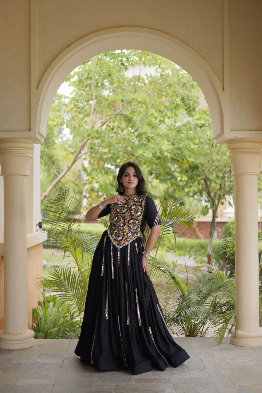 RangBhoomi Navratri Reflective Rayon Lehenga Set with Mirror & Gota Lace (Black, Maroon, White)