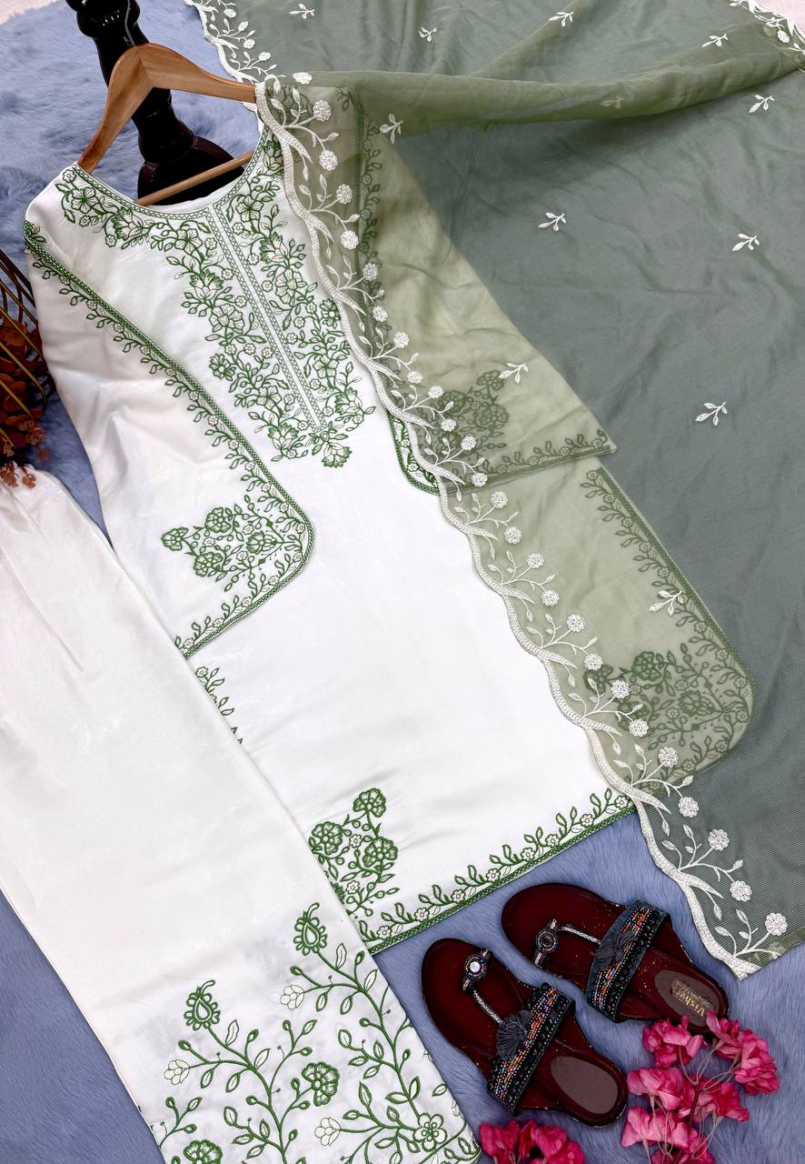 Elegant Party Wear Set Featuring Premium Roman Glass Embroidered Top with Fancy Bell Sleeves and Stylish Palazzo Pants with Dupatta