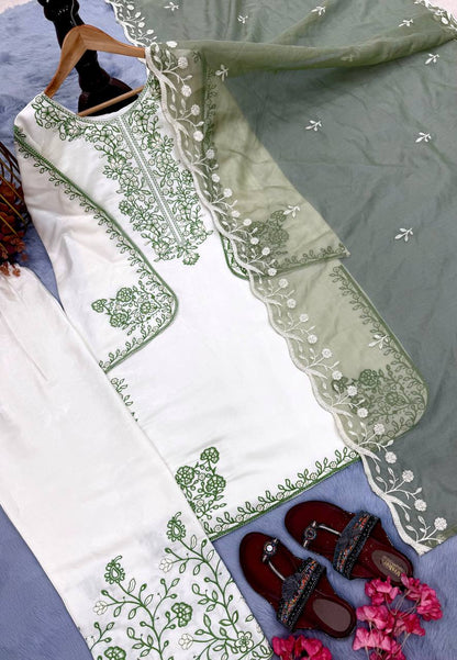 Elegant Party Wear Set Featuring Premium Roman Glass Embroidered Top with Fancy Bell Sleeves and Stylish Palazzo Pants with Dupatta
