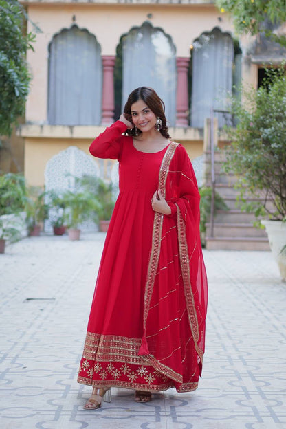 Embroidered Faux Blooming Gown with Dupatta