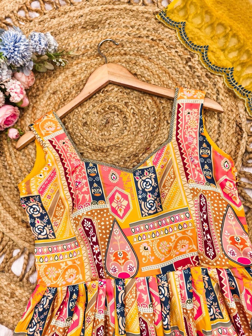 Elegant 3-piece yellow Anarkali suit set with dupatta and matching bottoms.