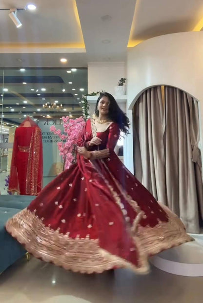 RangBhoomi Exclusive Designer Party Wear Collection – Elegant Two-Tone Silk Gown with Embroidery and Pearl Accents