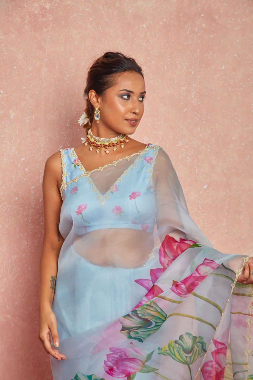 Ready To Wear Organza Silk Saree - Floral Printed