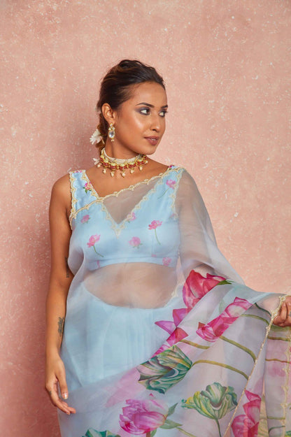 Ready To Wear Organza Silk Saree - Floral Printed