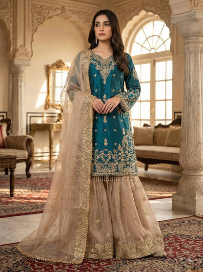 RangBhoomi Exclusive Designer Partywear Set – Pure Heavy GMY Silk with Elaborate Embroidery and Sequins