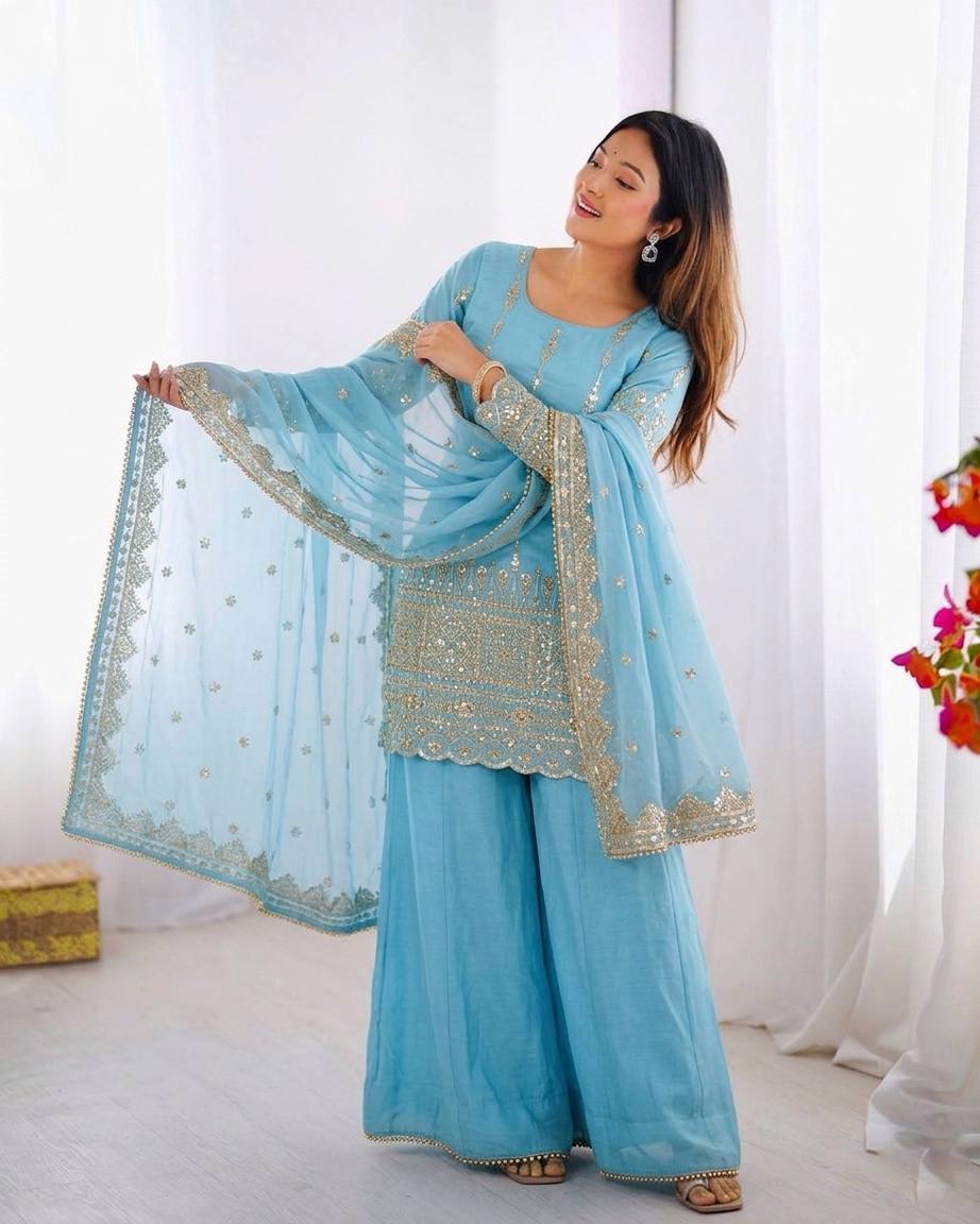 RangBhoomi Heavy Vichitra Silk Embroidered Top, Sharara & Dupatta Set