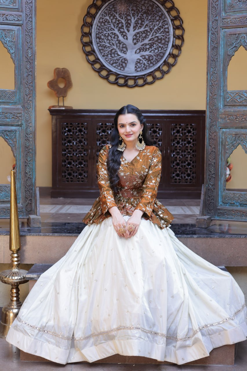 RangBhoomi Elegant Silk Embroidered Crop Top Set with Flared Lehenga and Sequined Detailing