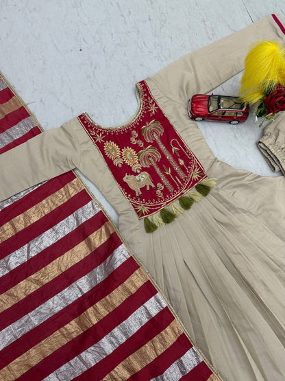 Festival Special Off-White Intricate A-Line Kurti with Flared Pants and Brick Red & Gold Striped Dupatta