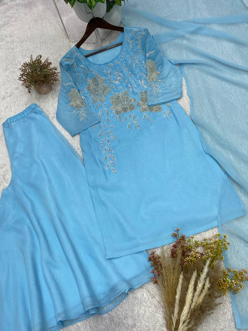 Elegant Designer Bead and Sequin Embroidered Palazzo Suit with Dupatta for Wedding Season