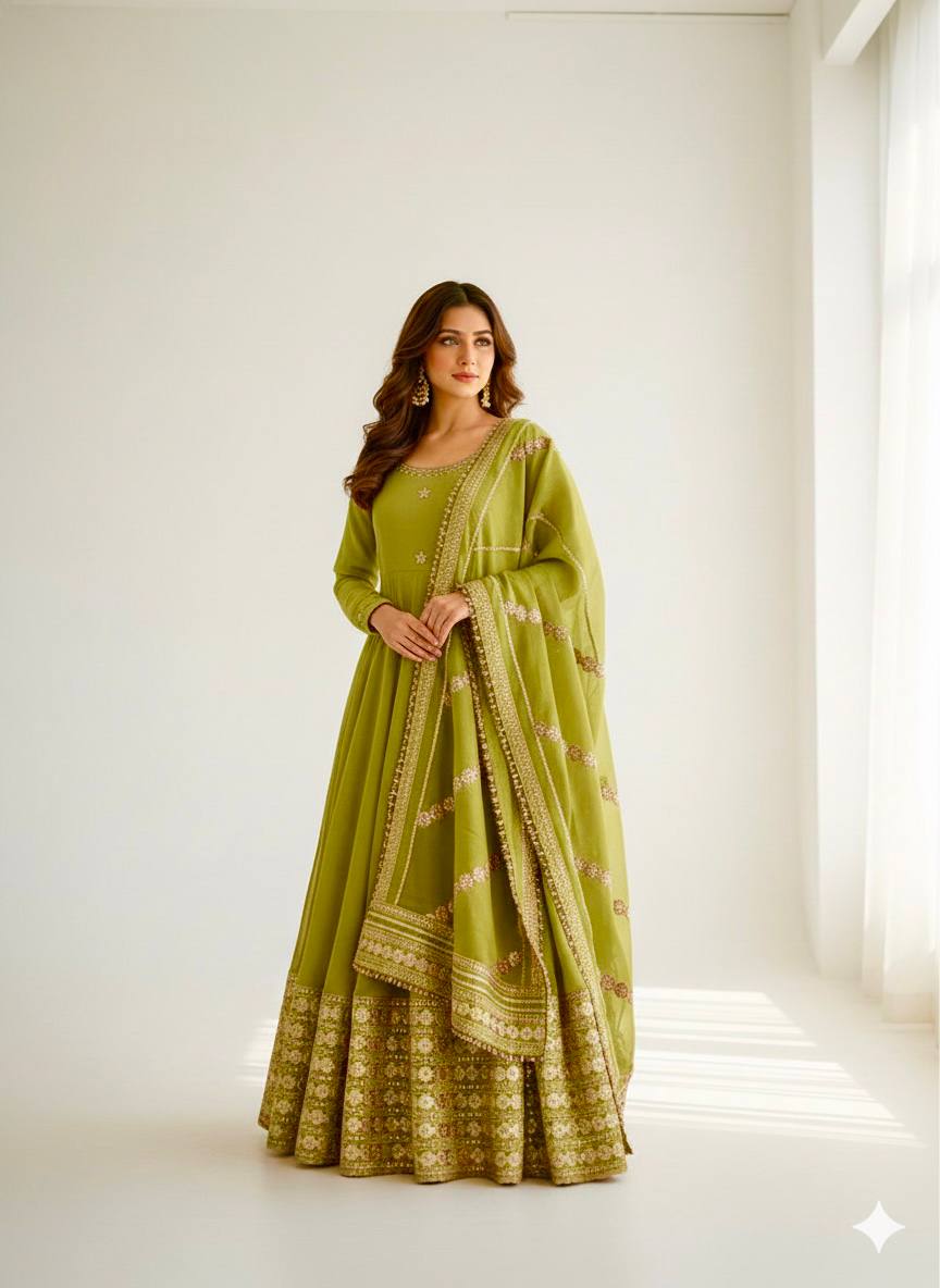 RangBhoomi Premium Chinon Silk Anarkali Gown Set with Heavy Embroidery, 3mm Sequin Sleeve Lace, Crepe Pants, and Sequined Lace Dupatta