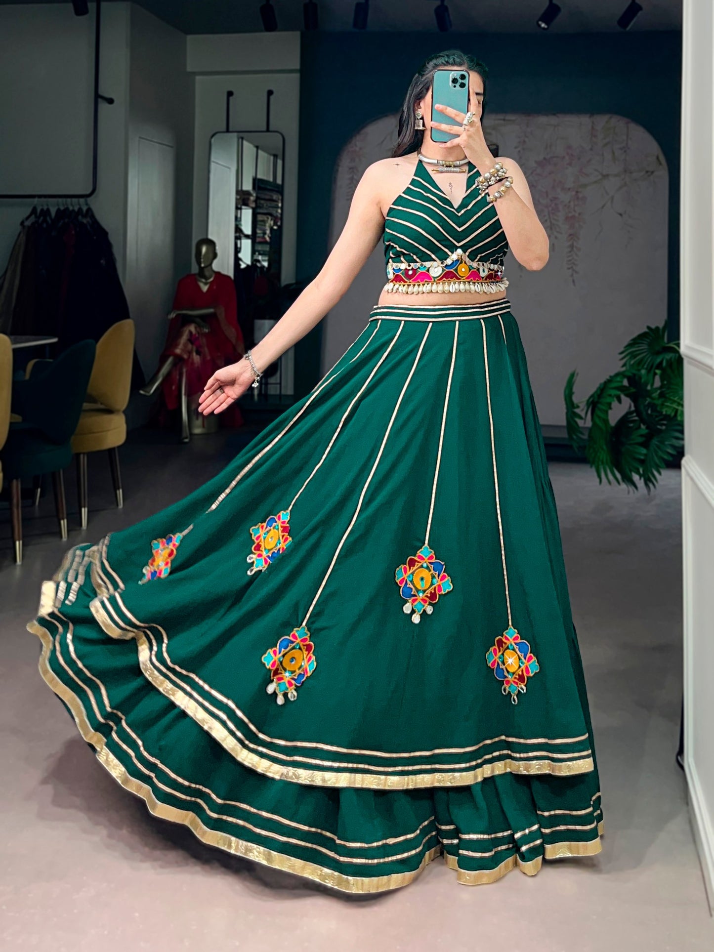 RangBhoomi Navratri Lehenga Choli Set – Lightweight Gamthi Work with Mirror & Shell Embellishments