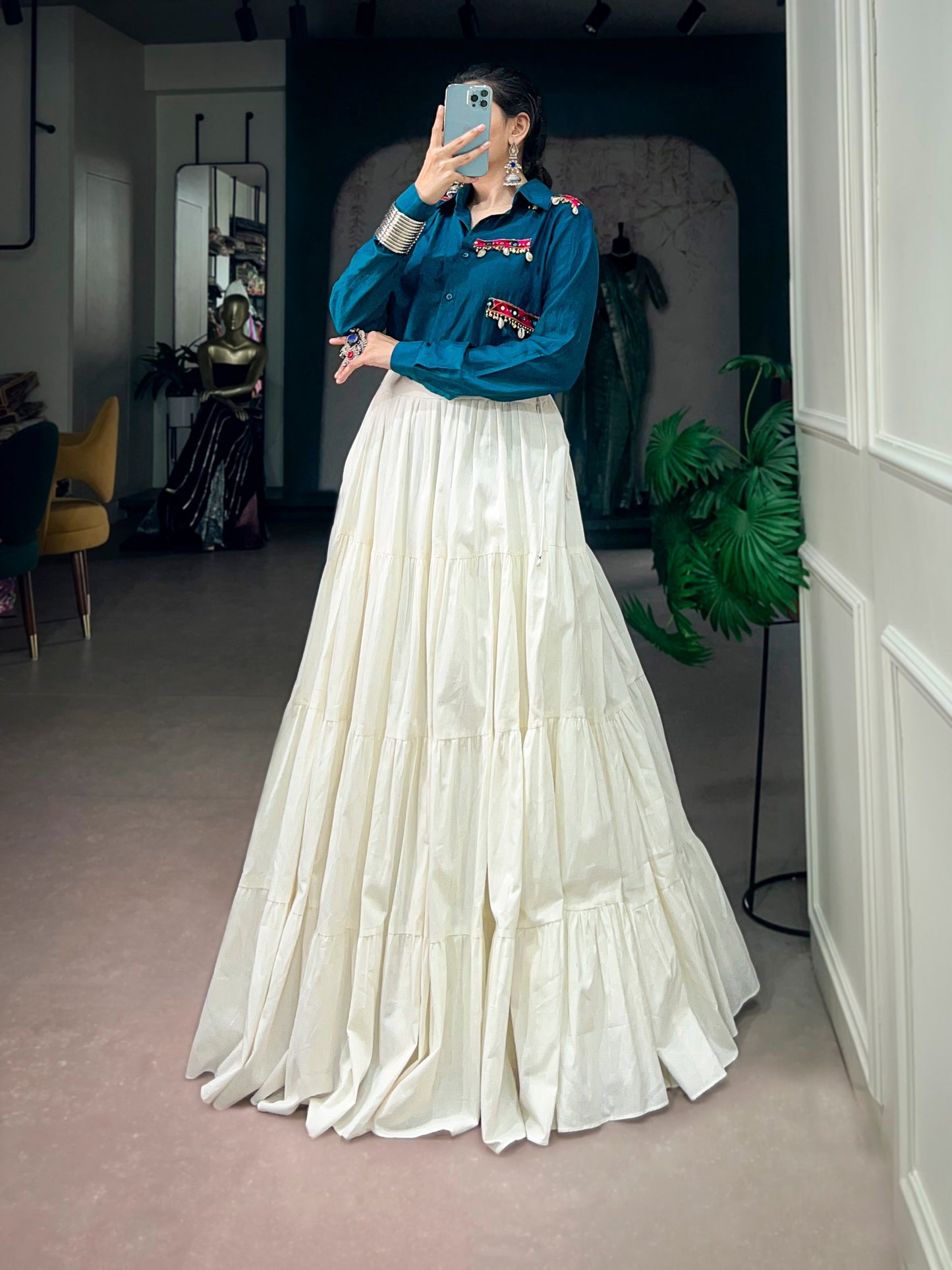 RangBhoomi Navratri Ensemble 2026 — Festive Chinon Shirt & Khadi Cotton Lehenga Set