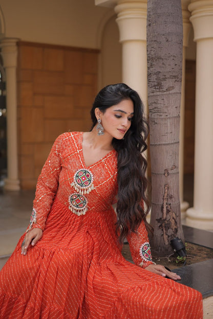 RangBhoomi Navratri Gown 2026 – Laheriya Print with Kutchi Patchwork, Faux Georgette Lined Cotton, Full Sleeve, 56 Inch Length