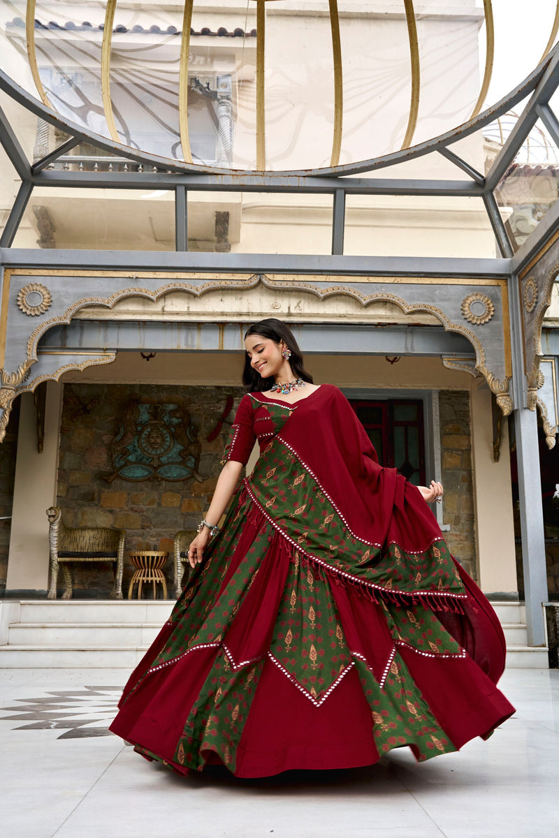 RangBhoomi Navratri 2026 Rayon Ajrakh Lehenga with Mirror Lace & Tassel Dupatta