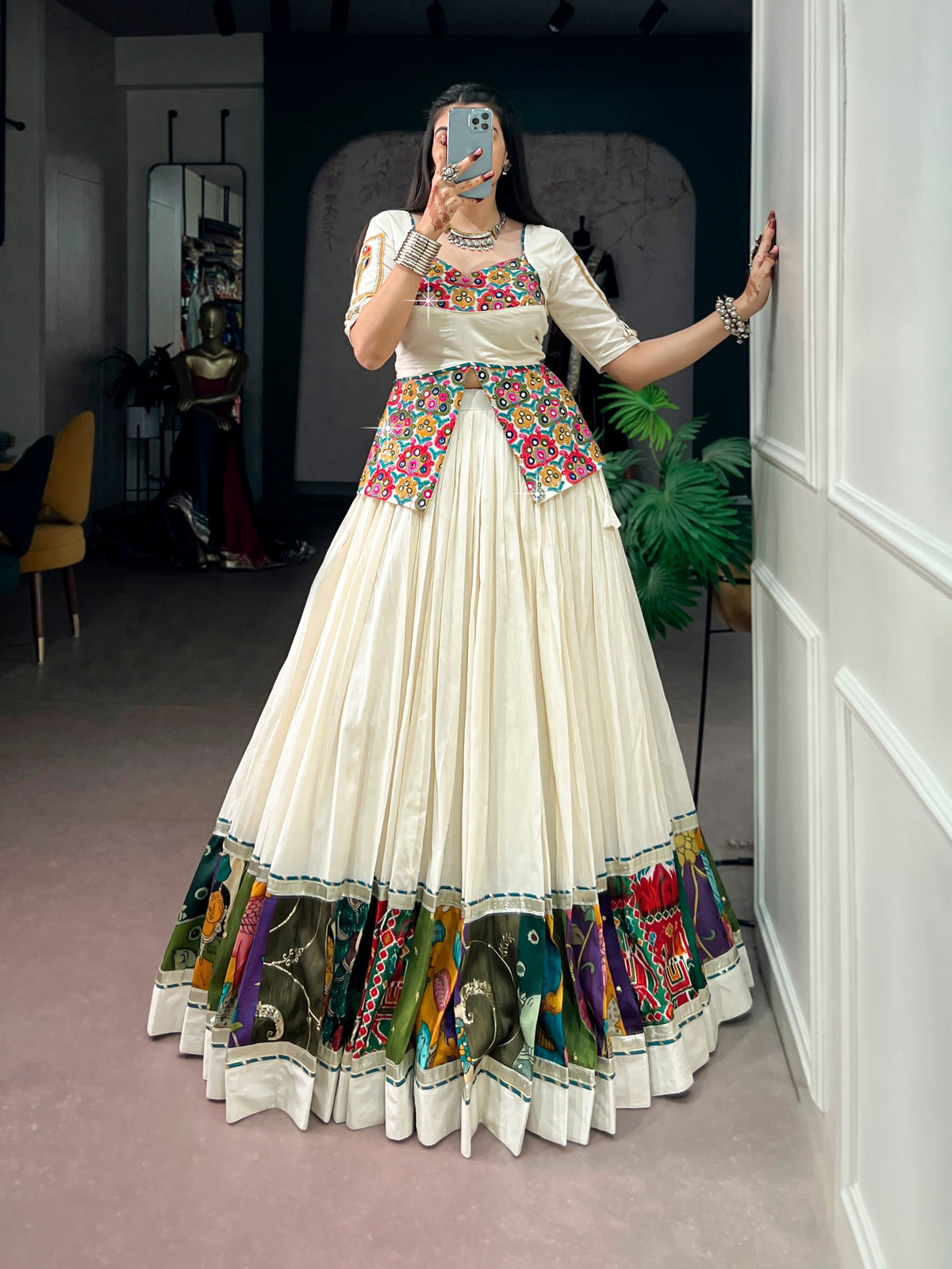 RangBhoomi Khadi Cotton Navratri Lehenga with Multicolor Panel Borders and Gamthi Blouse