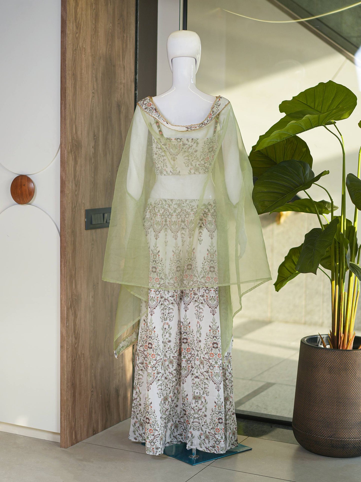 RangBhoomi Designer Indo-Western Luxury Edit — Floral Printed French Crepe Top with Palazzo & Organza Cape