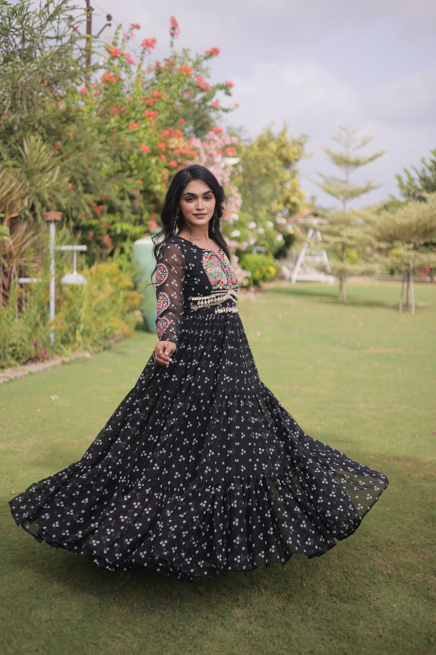 RangBhoomi Bandhani & Kutchi Patchwork Faux Georgette Gown — Full Sleeve, 12m Flair, Cotton Lining