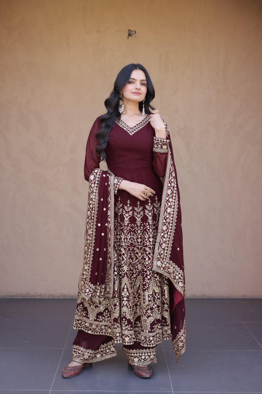 RangBhoomi Premium Readymade Gown with Pant & Dupatta Set - Embroidered Faux Blooming Festive Ensemble