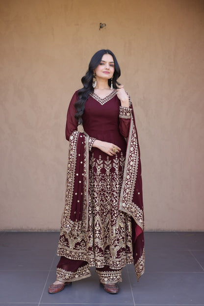 RangBhoomi Premium Readymade Gown with Pant & Dupatta Set - Embroidered Faux Blooming Festive Ensemble