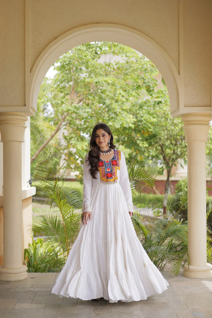 RangBhoomi Navratri Gown Collection 2026 — Wine, Rama & White Embroidered Mirror Work Gown