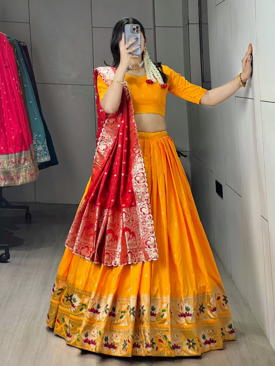 Golden Paithani Silk Lehenga with Intricate Zari Weaving and Satin Silk Dupatta
