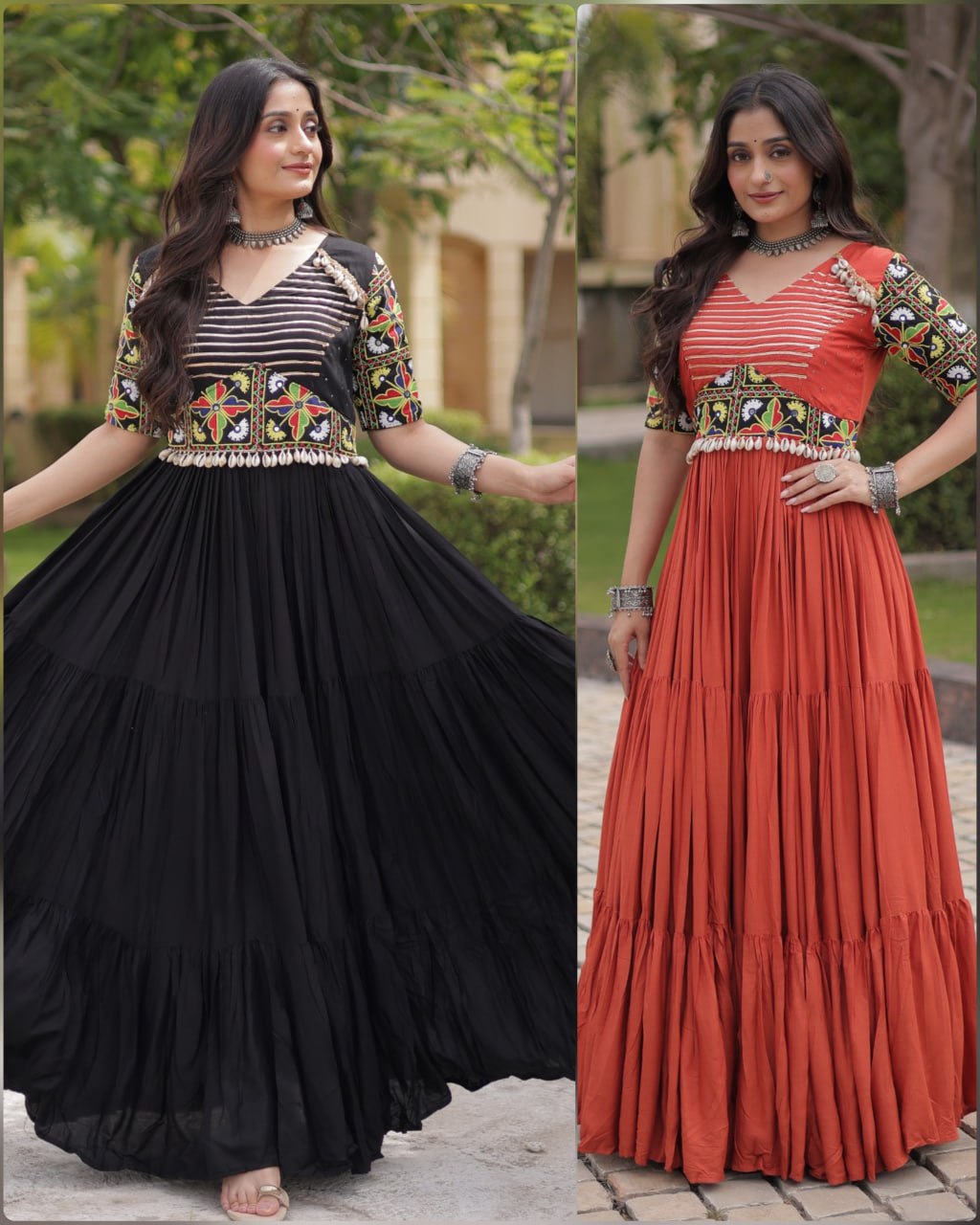 RangBhoomi Navratri Gown 2026 — Rust & Black Embroidered Multi-Tiered Festive Gown