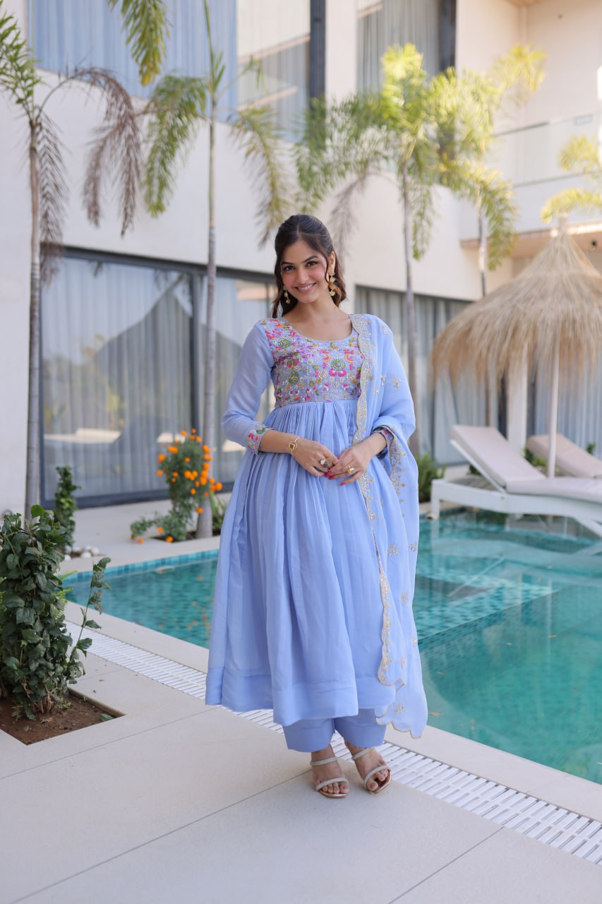 Elegant Premium Ready-to-Wear Gown Set with Pants and Dupatta - Beaded Mal Chanderi Embroidery