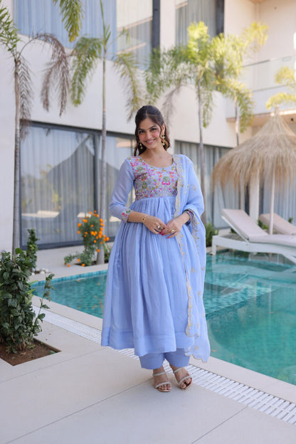 Elegant Premium Ready-to-Wear Gown Set with Pants and Dupatta - Beaded Mal Chanderi Embroidery