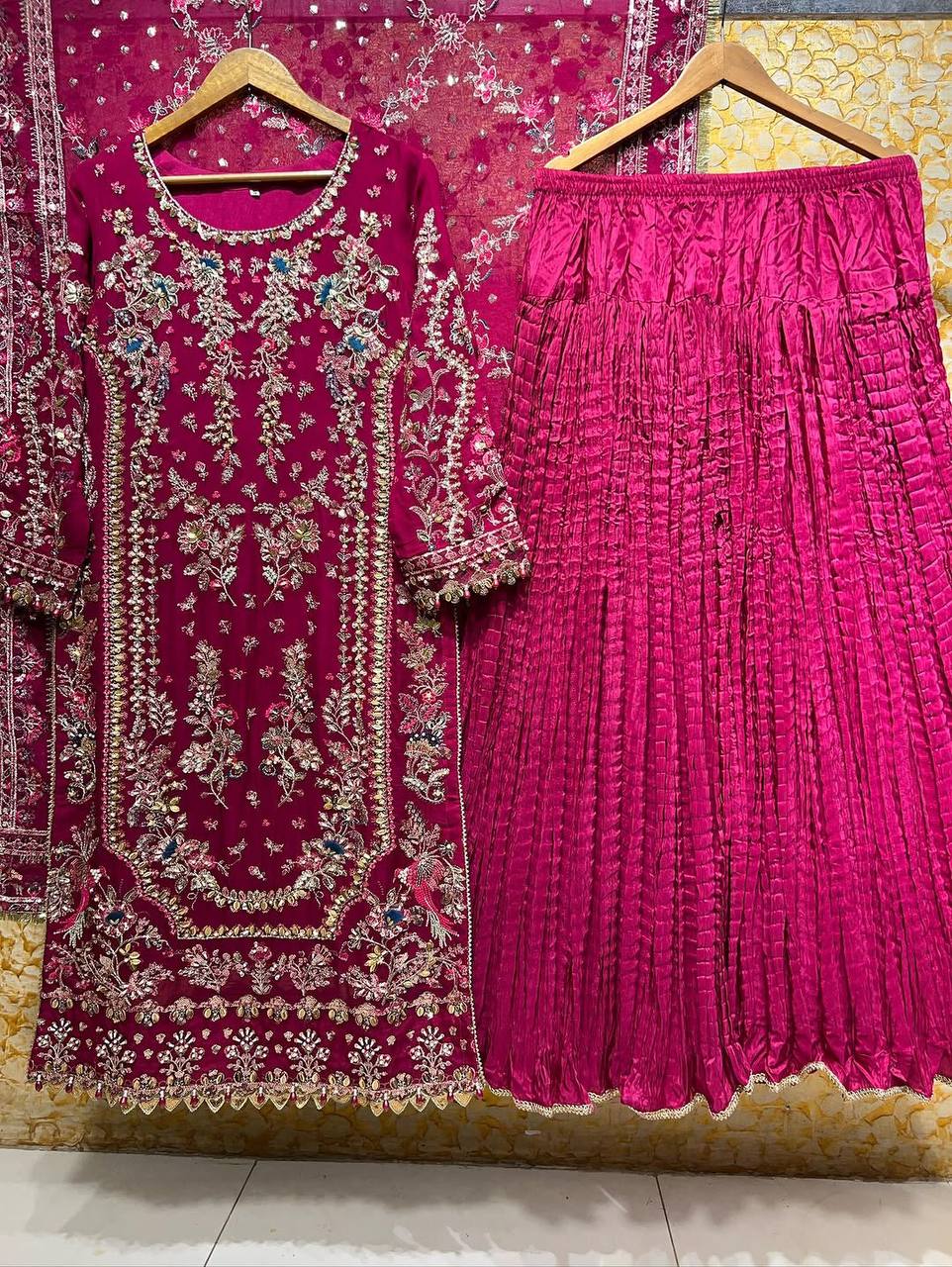 Elegant Ready-to-Wear Designer Set in Faux Georgette with Intricate Heavy Embroidery and Sequins - Fully Stitched Top, Bottom, and Dupatta