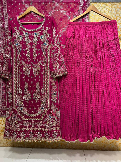 Elegant Ready-to-Wear Designer Set in Faux Georgette with Intricate Heavy Embroidery and Sequins - Fully Stitched Top, Bottom, and Dupatta