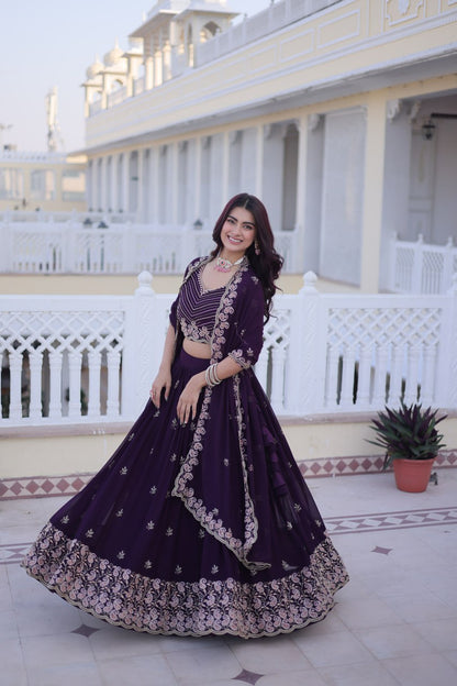 Elegant Lehenga Choli and Dupatta Set with Intricate Sequins and Zari Embroidery
