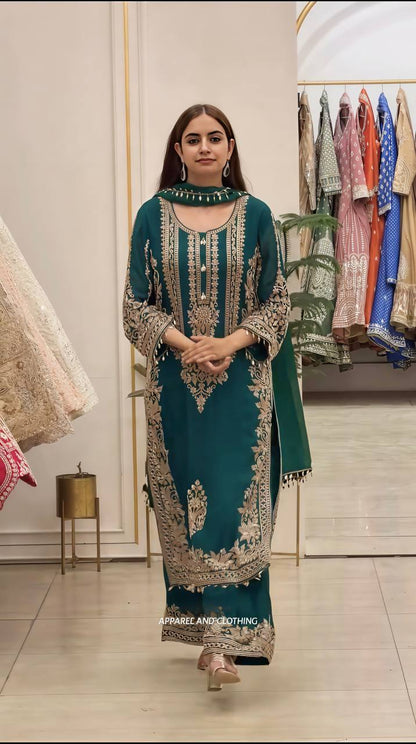 RangBhoomi Faux Georgette Heavy Embroidery Sequins Top-Bottom with Dupatta — Fully Stitched Set