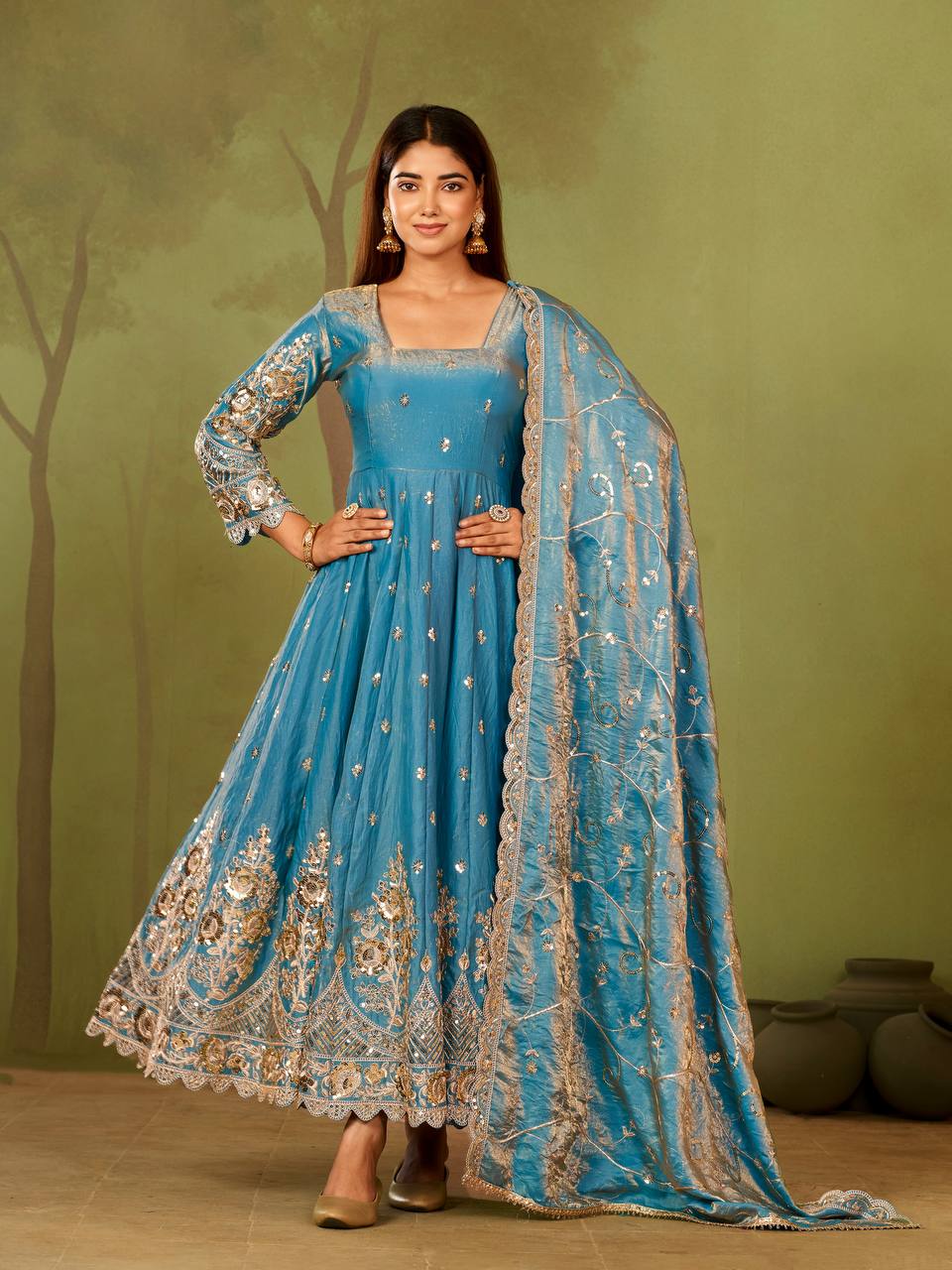 RangBhoomi Designer Party Wear Gown Set — 10 Colors, Heavy Jelly Shimmer Silk, Fully Stitched Embroidered Gown with Dupatta & Micro-Cotton Pant
