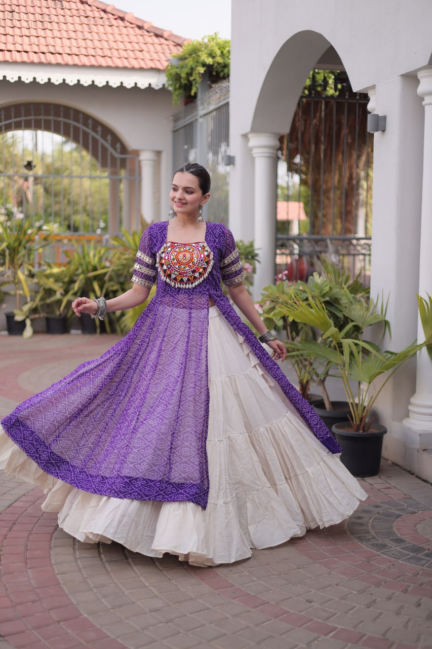 RangBhoomi Navratri 2026 Bandhani Lehenga Set — Full-Stitched Kora Cotton Lehenga with Faux Georgette Kurti