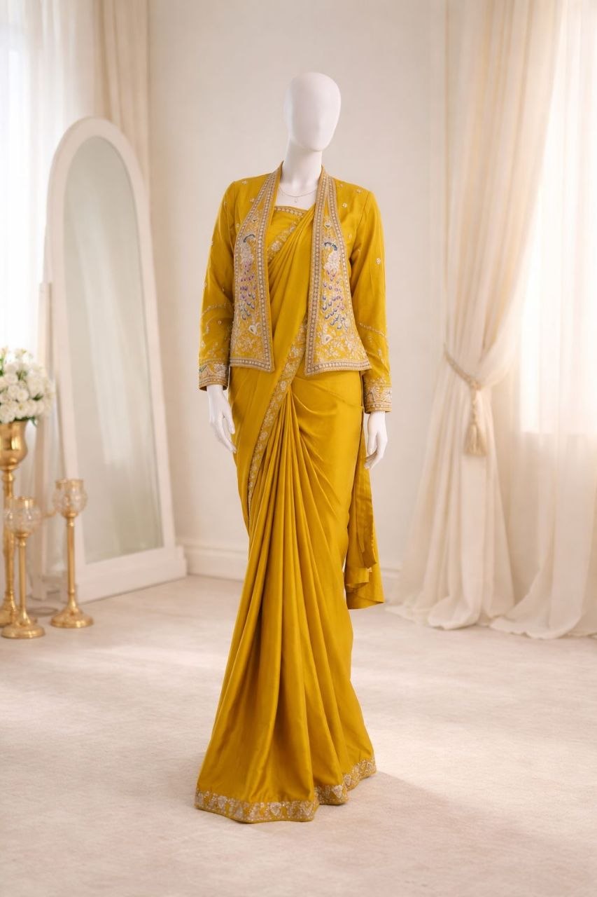 RangBhoomi Ready-to-Wear Embroidered Party Jacket and Saree Set in Elegant Red