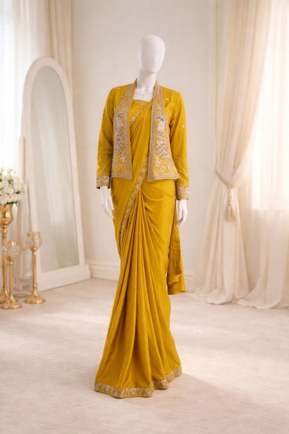 RangBhoomi Ready-to-Wear Embroidered Party Jacket and Saree Set in Elegant Red