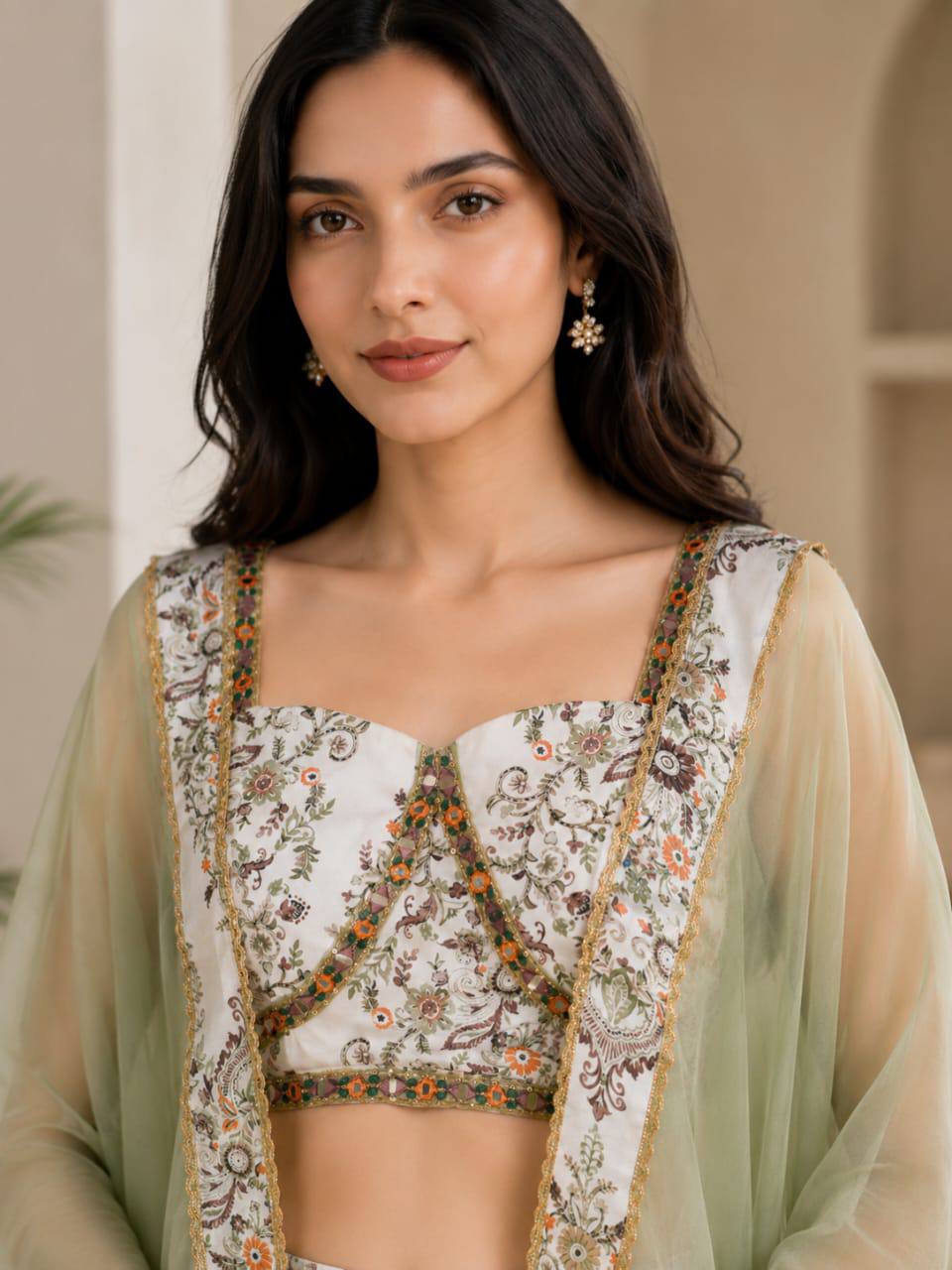 RangBhoomi Designer Indo-Western Luxury Edit — Floral Printed French Crepe Top with Palazzo & Organza Cape