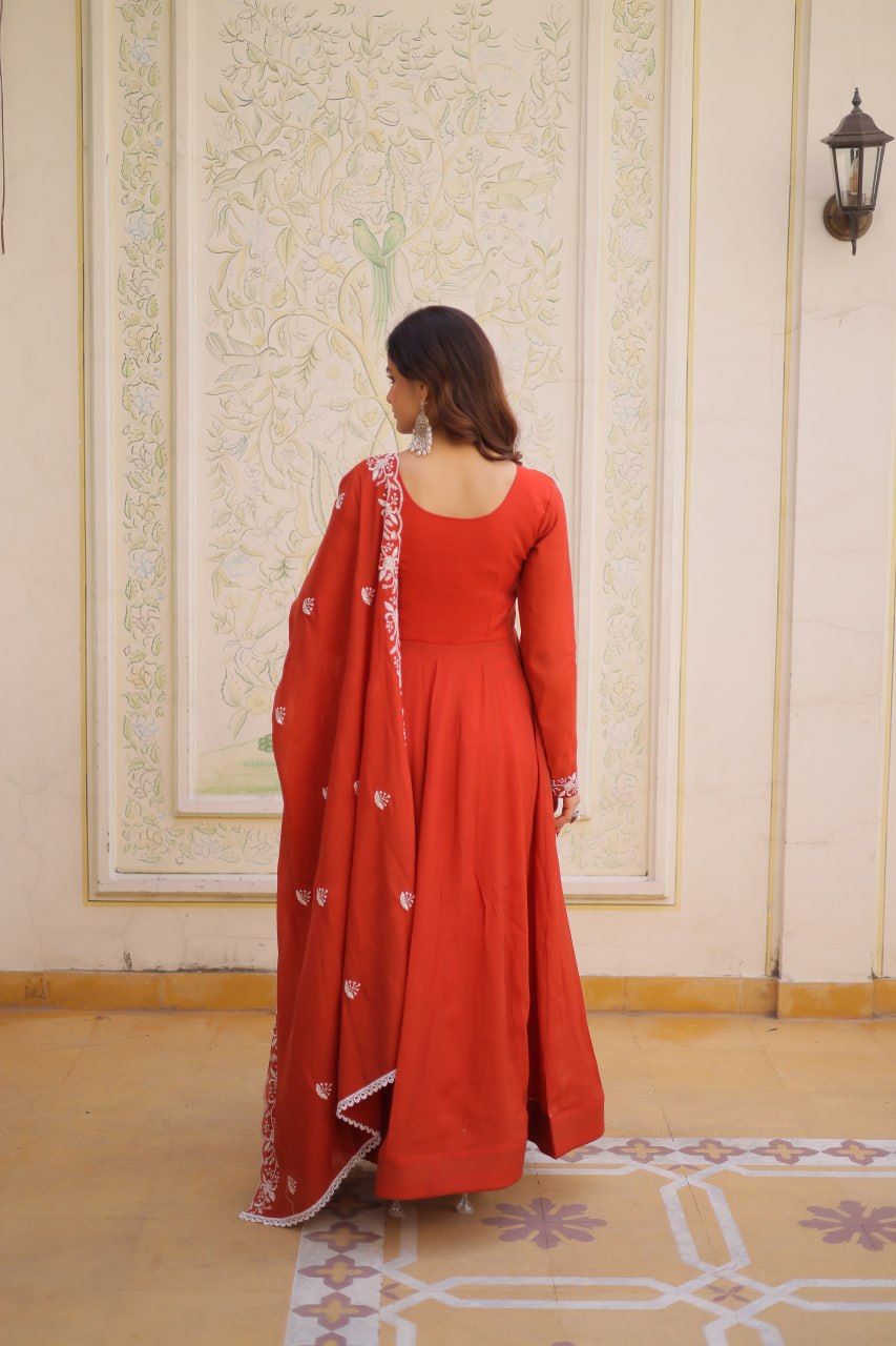 Elegant Mal Chanderi Gown and Dupatta Set with Bead Embroidery and Designer Cutwork Lace Border