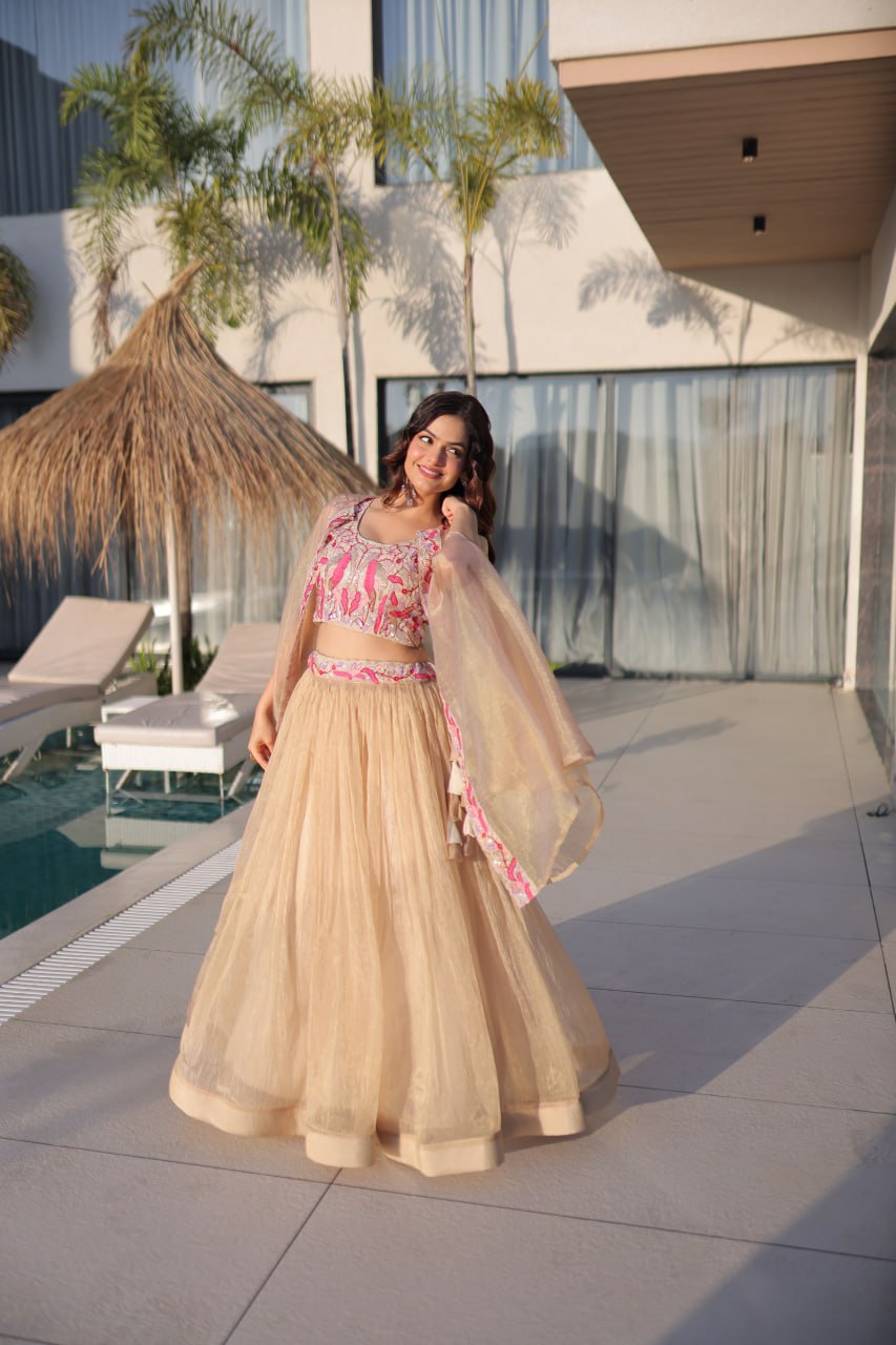 Elegant Sindur Silk Embroidered Lehenga Choli Set with Sleeveless Blouse and Matching Shrug