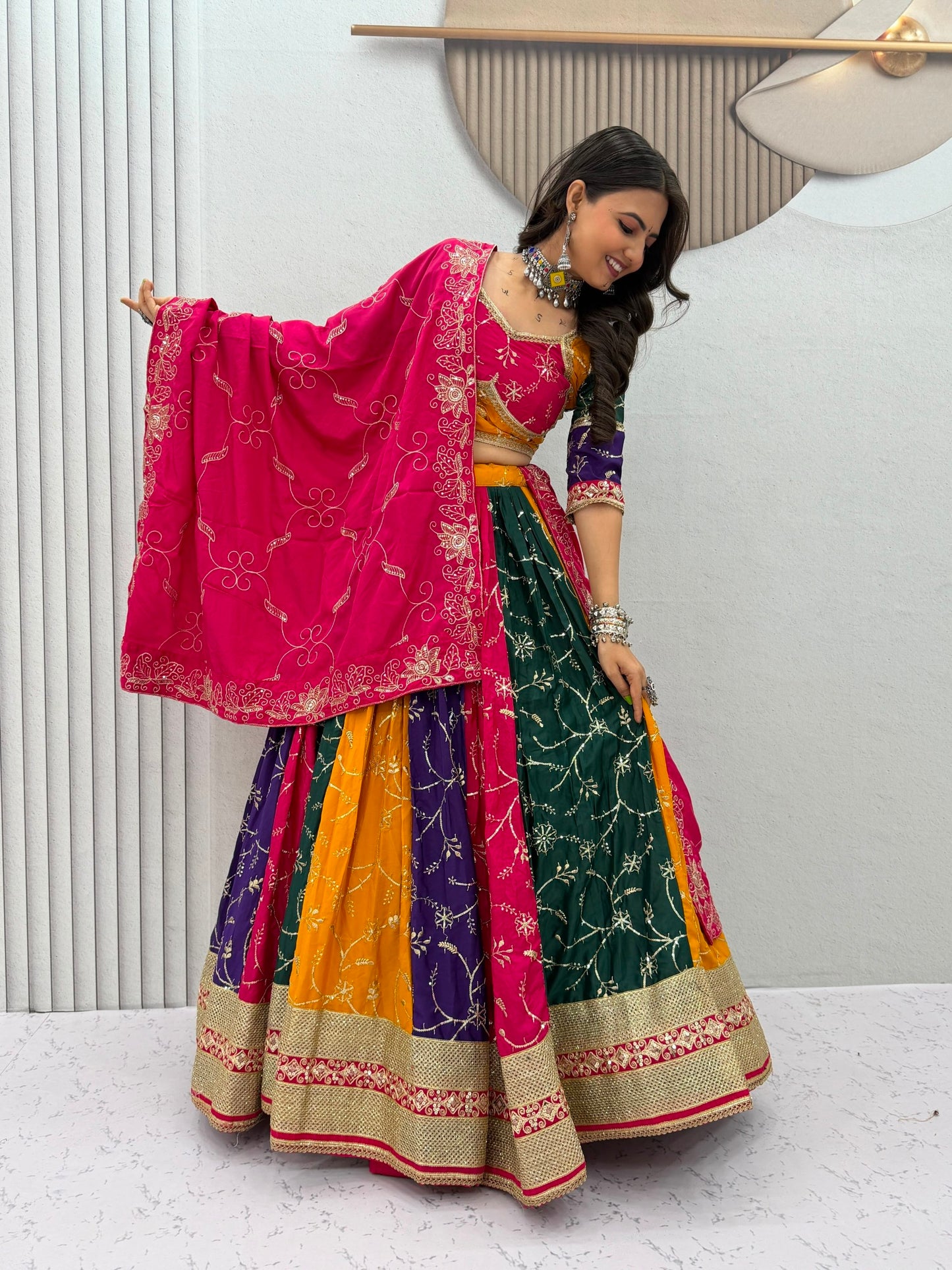 Navratri Special Vintage Chaniya Choli Ensemble - Elegant Milky Silk Embroidered Lehenga with Six-Meter Flair and Heavy Embroidered Dupatta