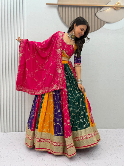 Navratri Special Vintage Chaniya Choli Ensemble - Elegant Milky Silk Embroidered Lehenga with Six-Meter Flair and Heavy Embroidered Dupatta