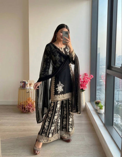 RangBhoomi Designer Party Wear Heavy Star Georgette Top, Plazzo & Dupatta Set