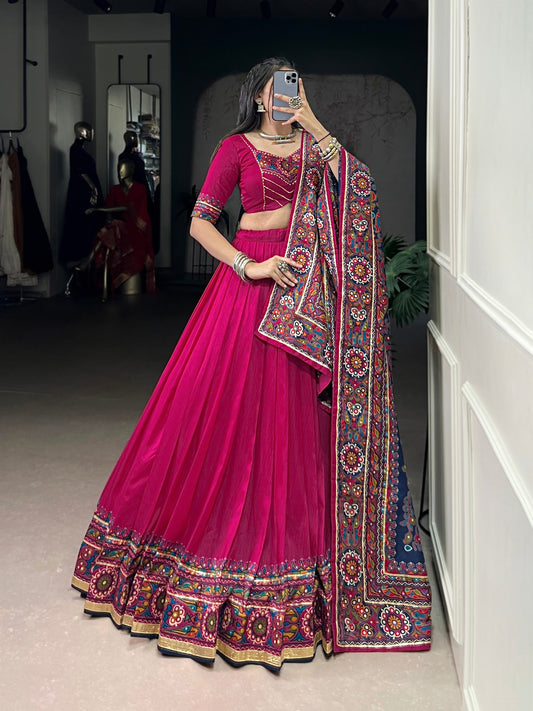 Elegant Tassar Silk Lehenga with Gamthi Print – Perfect for Celebrating Navratri in Style