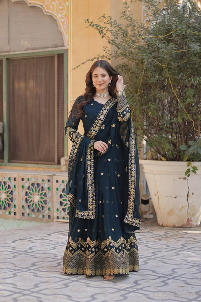 Teal Anarkali suit with a fancy neck design and comfortable full sleeves.