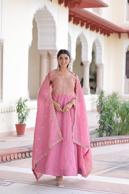 RangBhoomi Premium Ready-Made Gown and Dupatta Set with Elegant Gold Embroidery