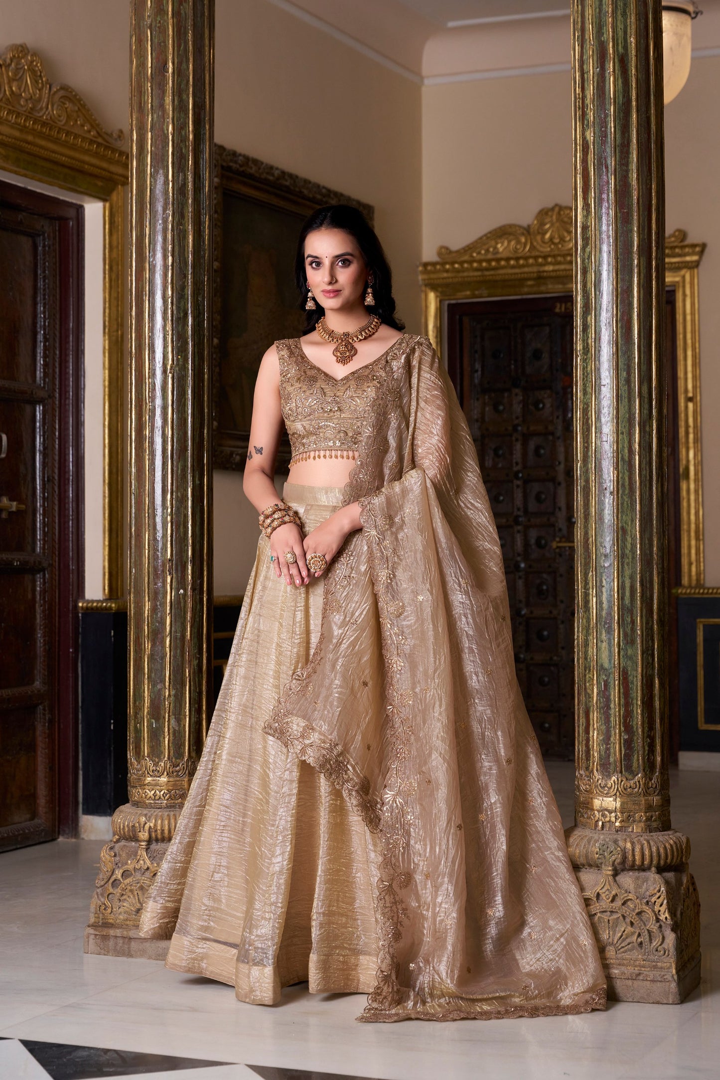 Elegant Gold Crush Lehenga Ensemble with Embroidered Sequins Blouse and Matching Dupatta